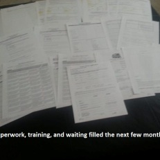 November 17: Paperwork, training, and waiting filled the next few months. (Note: I know this is a pretty crappy photo, but I took it when we started our newest foster journey to show how much preliminary paperwork we needed to fill out. I never expected to be using the photo months later in this project.)